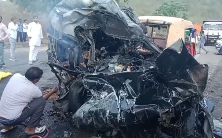 जबलपुर बरेला घाट पर फिर खूनी खेल: दो ट्रकों के बीच पिसी स्कॉर्पियो, हरियाणा के दो ड्राइवरों की जिंदा जलकर मौत