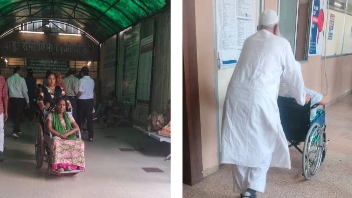 एमवाय अस्पताल में व्यवस्थाएं बेहाल; स्वजन खुद धकेल रहे स्ट्रेचर, कंपनी की मनमानी से मरीज परेशान