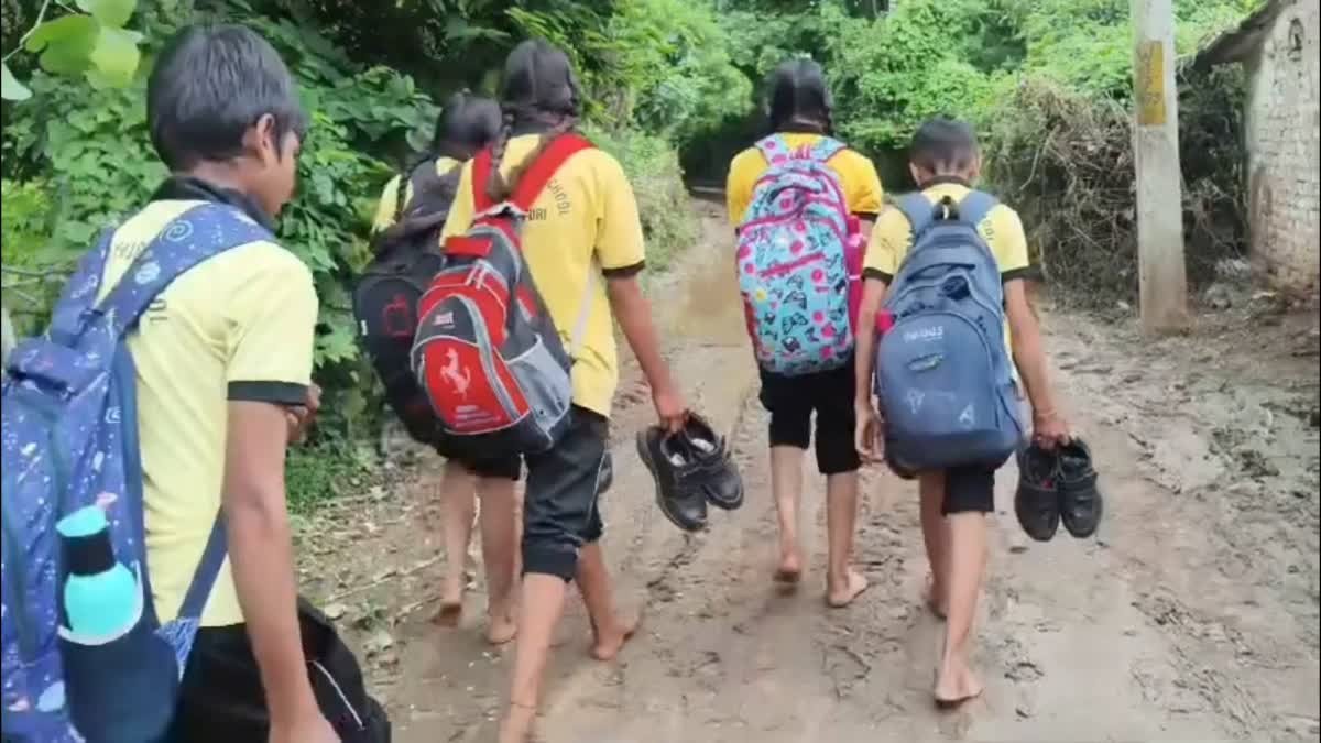 शिवपुरी के बछोरा में कीचड़ भरे रास्ते से गुजरने को मजबूर मासूम बच्चे, हाथ में जूते लेकर जाने को हैं विवश