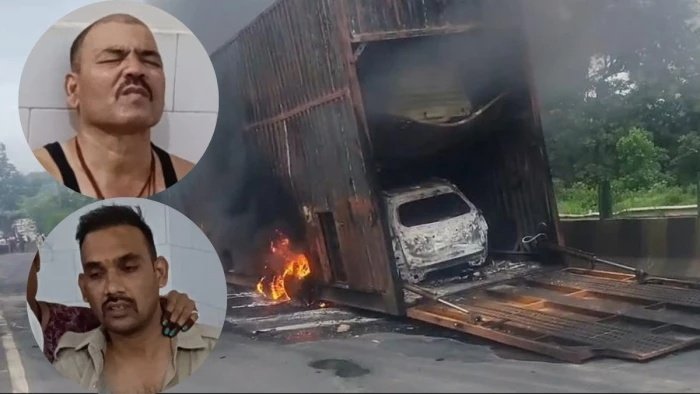 सिवनी में सीएनजी कारों से भरे कंटेनर में लगी भीषण आग, एनएच-44 पर 4 घंटे तक जाम रहा यातायात