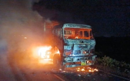 थांदला में ट्रक और पिकअप की आमने-सामने भिड़ंत के बाद लगी आग, चालक नहीं निकल सका बाहर