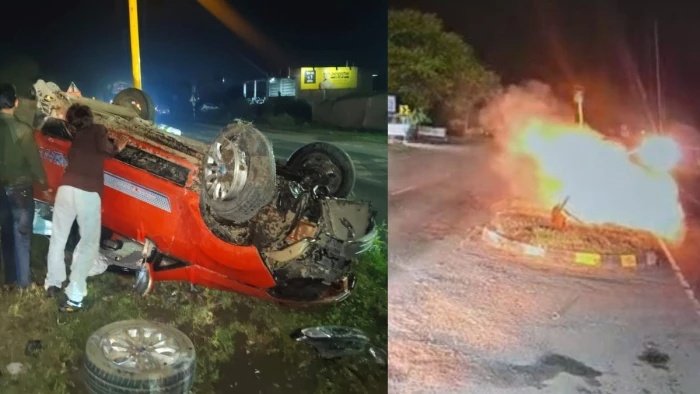 नामली फोरलेन पर अनियंत्रित होकर पलटी तेज रफ्तार कार, कुछ देर बाद हुआ जोरदार ब्लास्ट; सीसीटीवी आया सामने