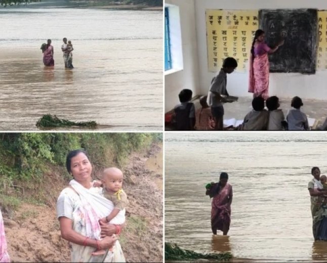 9 माह की मासूम को गोद में लेकर उफनती नदी पार करती हैं शिक्षिका; धौरपुर प्राथमिक शाला की दिल छू लेने वाली मिसाल