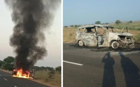 अहमदाबाद से महाकाल दर्शन जा रही एर्टिगा कार में लगी भीषण आग, बोरखली के पास टला बड़ा हादसा