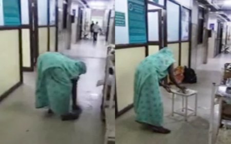 जिला अस्पताल में मानवता शर्मसार, बीमार बेटे का इलाज कराने आई बुजुर्ग महिला से लगवाया पोंछा